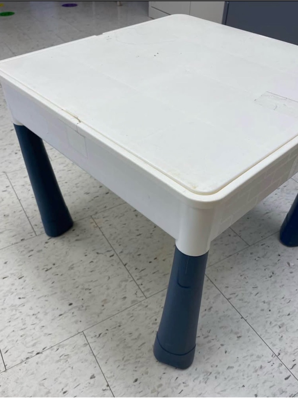 White and Navy Adjustable Play Table sensory bin